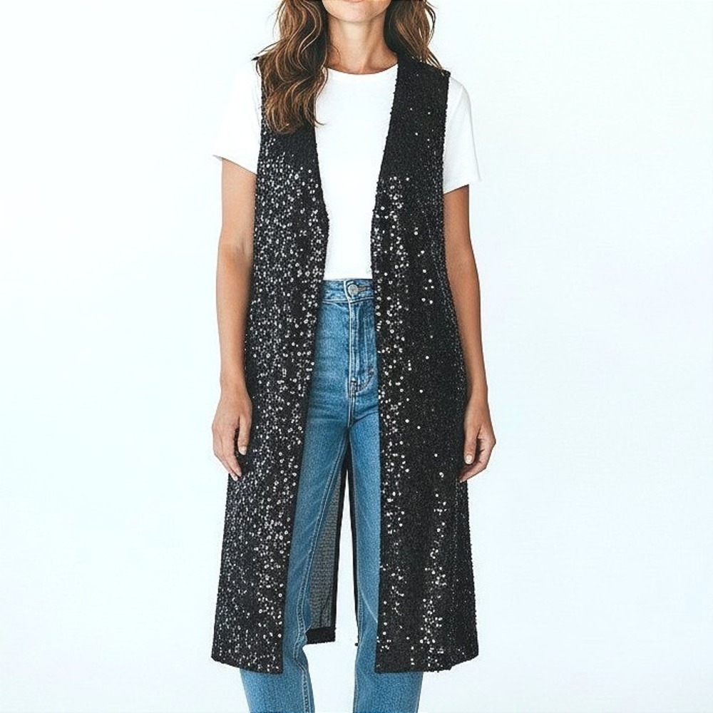 Steve Madden Womens Black Sequin Longline Open Front Vest Sleeveless OSFM